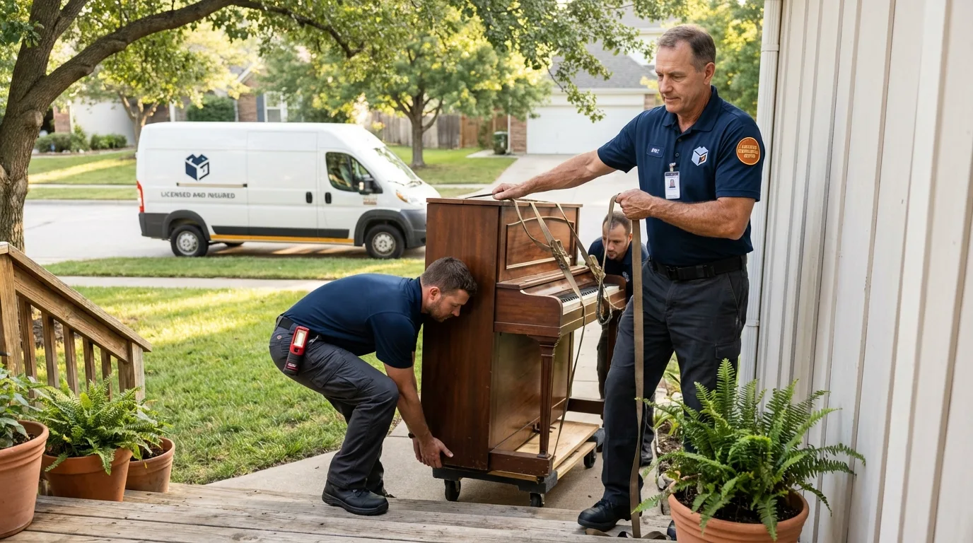 Licensed piano movers securing grand piano in Barnwell, SC