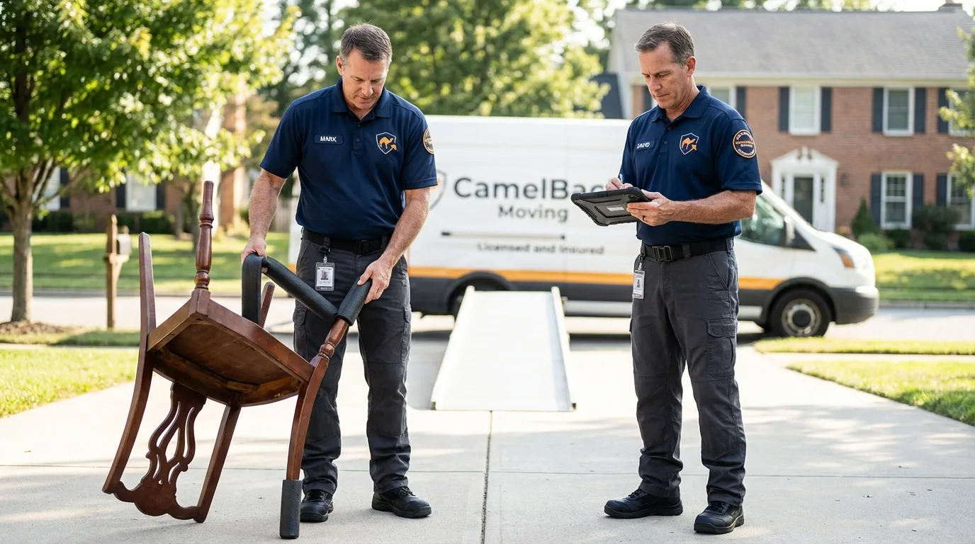 Movers inspecting furniture for damage prevention before loading in Barnwell, SC