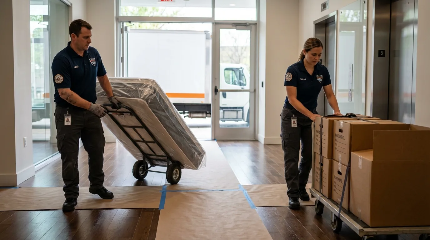 Professional apartment movers loading elevator in Barnwell, SC